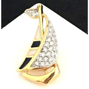 Vintage Savvy by Swarovski Tac Pin Sailboat Enamel Gold Tone Pave Crystal 2L